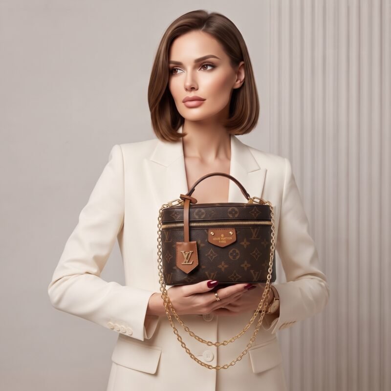 A woman holding a classic monogram vanity case bag with a gold chain strap