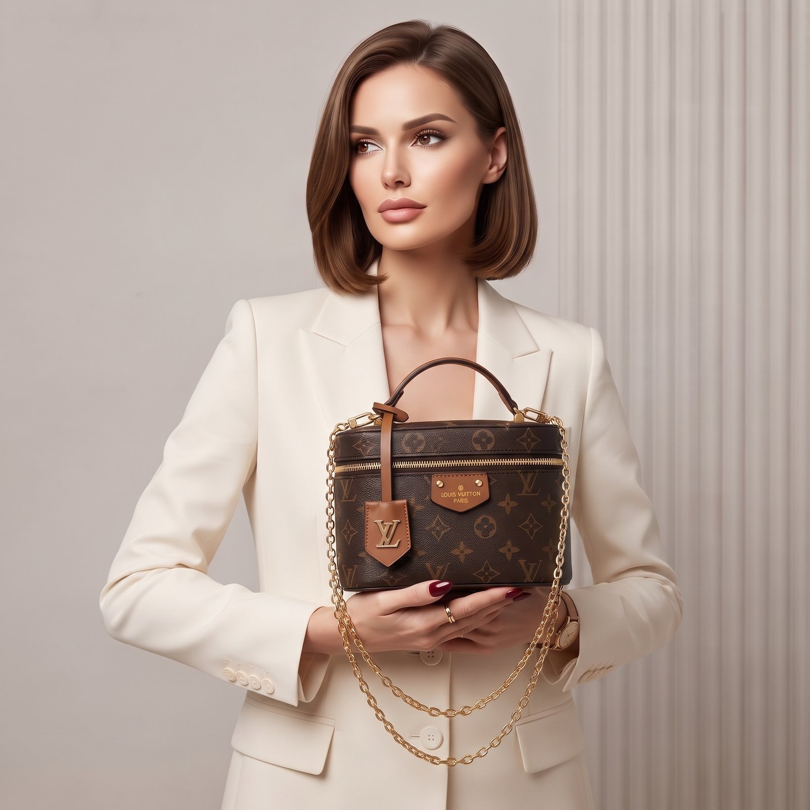 Luxury Monogram Combined Vanity Chain Pouch Crossbody Bag A woman holding a classic monogram vanity case bag with a gold chain strap